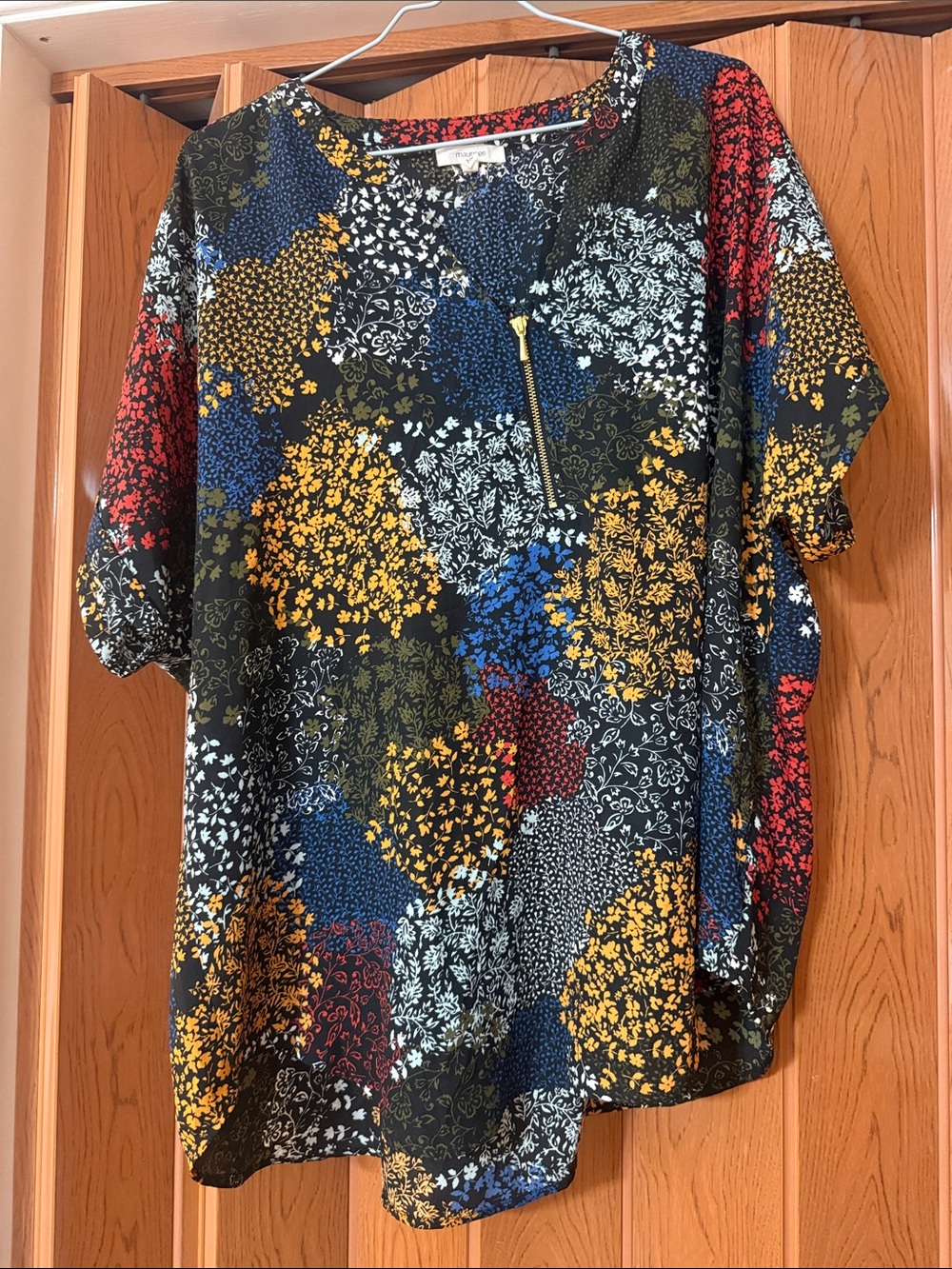 Patchwork Floral Zip-Front Blouse in Black with Multicolor Accents